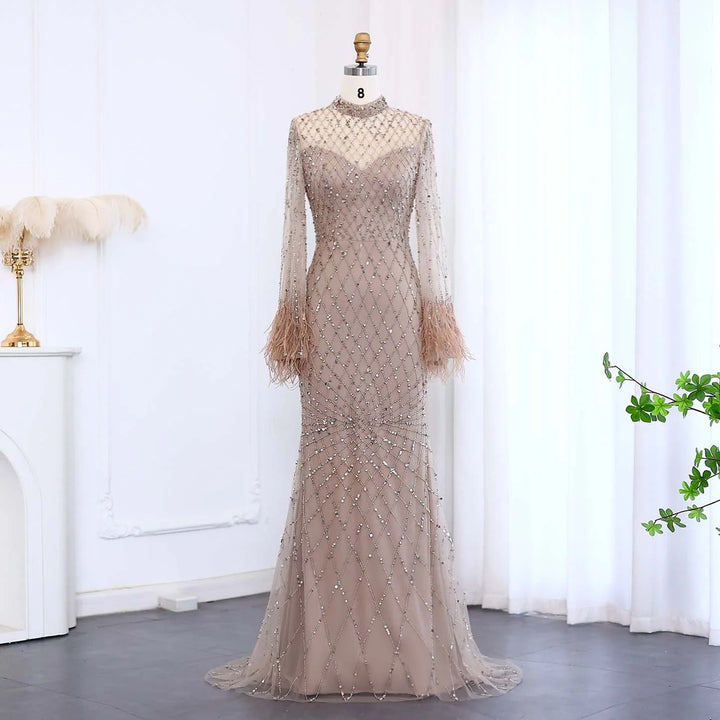 Luxury Beaded Feathers Sage Green Evening Dress Long Sleeves SS144