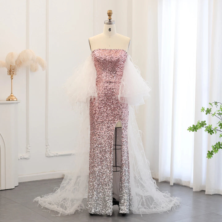 Dreamy Vow Luxury Dubai Ombre Pink Sequin Mermaid Evening Dresses with Feathers Cape Arabic Women Wedding Party Gowns SS514