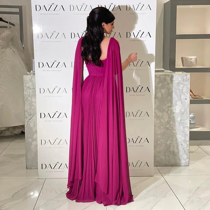 DreamyVow Fuchsia Chiffon Dubai Evening Dresses with Cape Sleeves Elegant Yellow Women Wedding Party Formal Gowns F 090