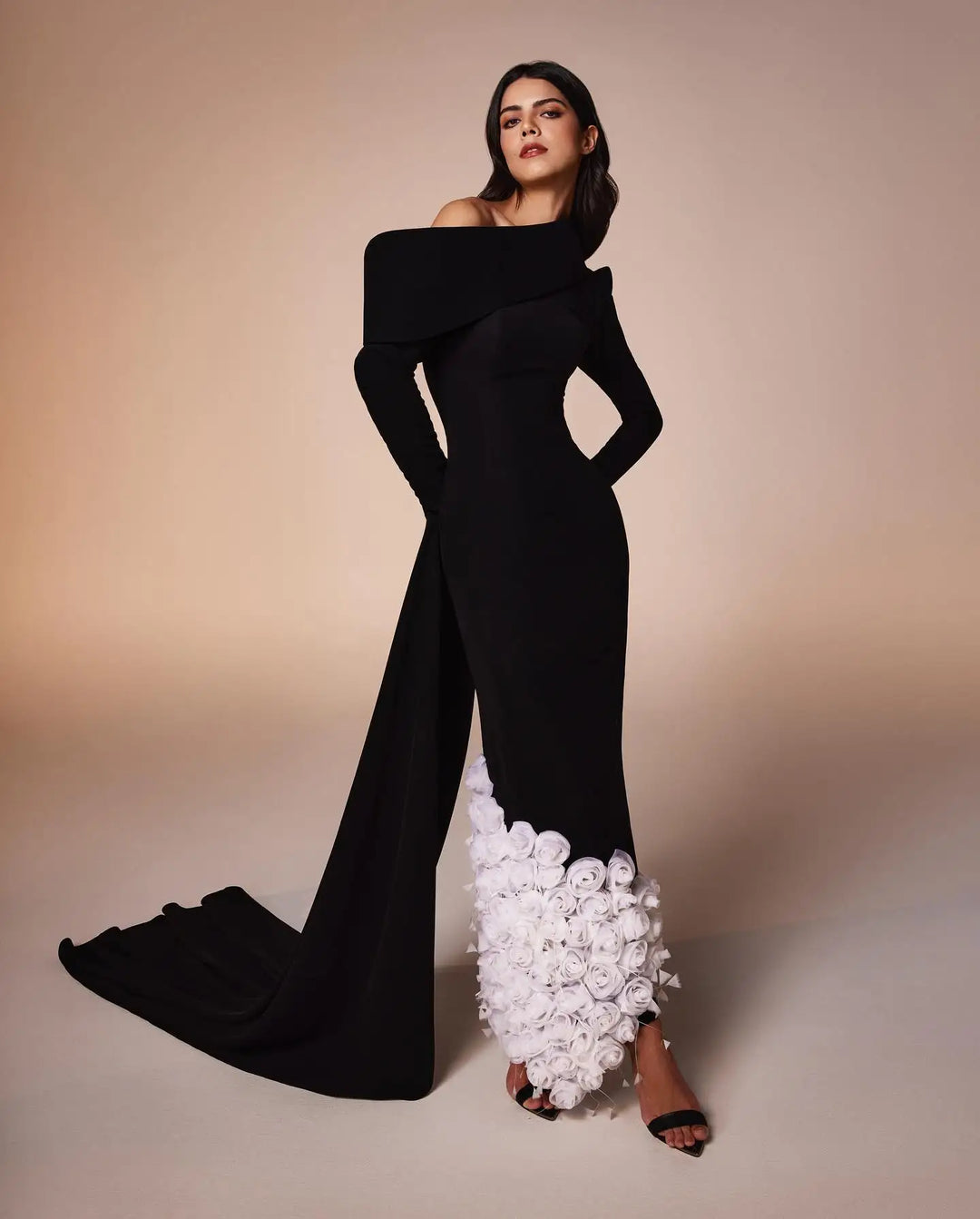 Dreamy Vow Elegant One Shoulder 3D Flowers Feathers Black Evening Dress Long Sleeves Arabic Women Mermaid Formal Party Gowns SS488