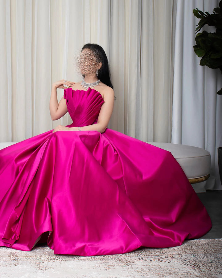 Dreamy Vow Saudi Arabia Fuchsia Satin Dubai Evening Dress for Women Wedding 2024 Elegant Scalloped Long Formal Party Gown SF011