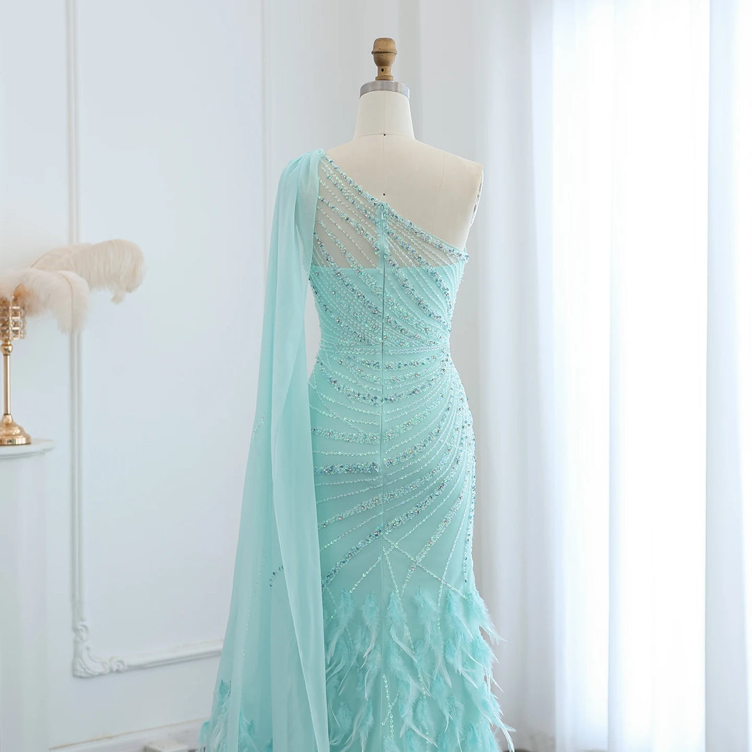 Dreamy Vow Luxury Feather Turquoise Aqua One Shoulder Mermaid Evening Dress with Cape Train Long Prom Wedding Party Gowns SS498