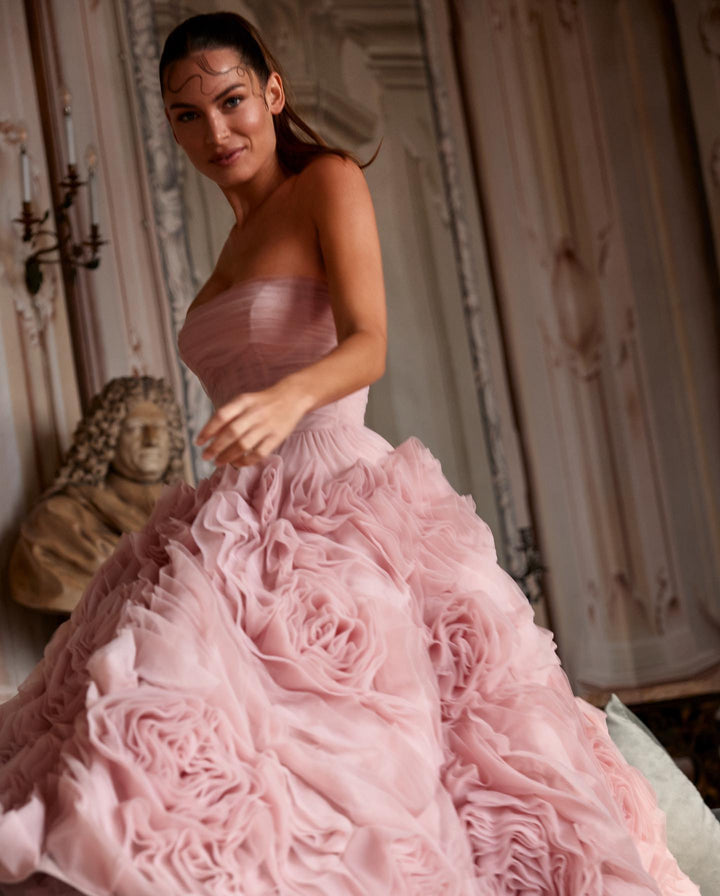 Dreamy Vow Luxury 3D Rose Flower Pink Short Evening Dresses for Women Wedding Party 2023 Strapless Midi Formal Prom Gowns 343