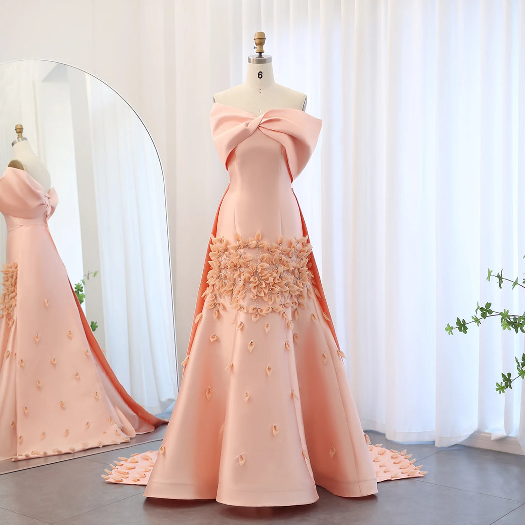 Dreamy Vow Luxury 3D Flowers Blush Pink Satin Mermaid Evening Dress Elegant Off Shoulder Women Wedding Prom Party Gowns SS464