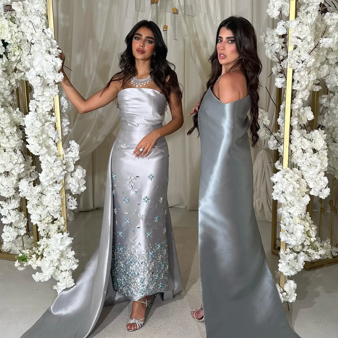 Dreamy Vow Luxury Crystal Dubai Gray Arab Evening Dress for Women Wedding Midi Formal Party Gowns with Train Ankle Length SS415