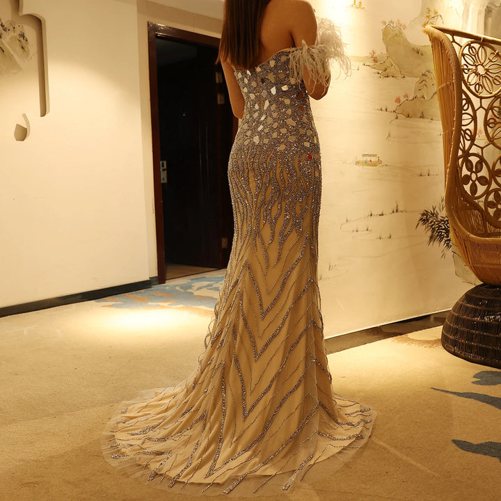 Dreamy Vow Luxury Beaded Feather Mermaid Silver Nude Evening Dress for Women Wedding Party Elegant Dubai Formal Prom Gown SS165