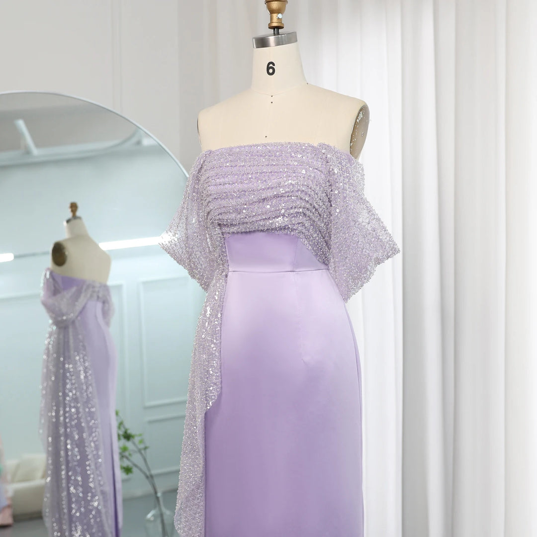 Dreamy Vow Elegant Off Shoulder Lilac Arabic Evening Dress with Overskirt Beaded Dubai Women Wedding Guest Party Gowns SS340