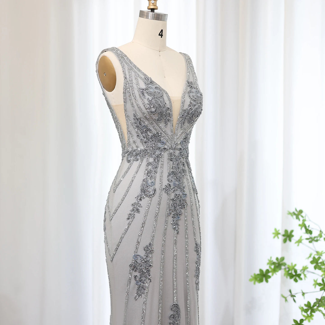 Dreamy Vow Elegant Silver Gray V-Neck Mermaid Evening Dress for Women Wedding 2024 Sexy Open Back Formal Party Gowns SS188