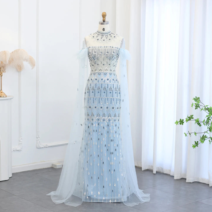 Dreamy Vow Luxury Arabic Light Blue Mermaid Evening Dress with Cape Sleeves Elegant High Neck Women Wedding Party Gowns SS096