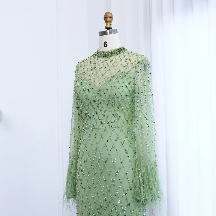 Luxury Beaded Feathers Sage Green Evening Dress Long Sleeves SS144