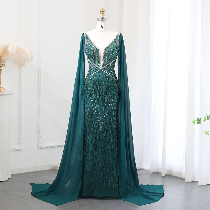 Dreamy Vow Luxury Mermaid Blue Feathers Evening Dress with Cape Sleeve Backless Prom Dresses for Women Wedding Party Gowns SS027