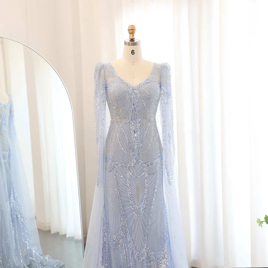 Dreamy Vow Luxury Mermaid Light Blue Evening Dresses with Cape Sleeves Elegant Plus Size Women Wedding Guest Party Gowns SS157