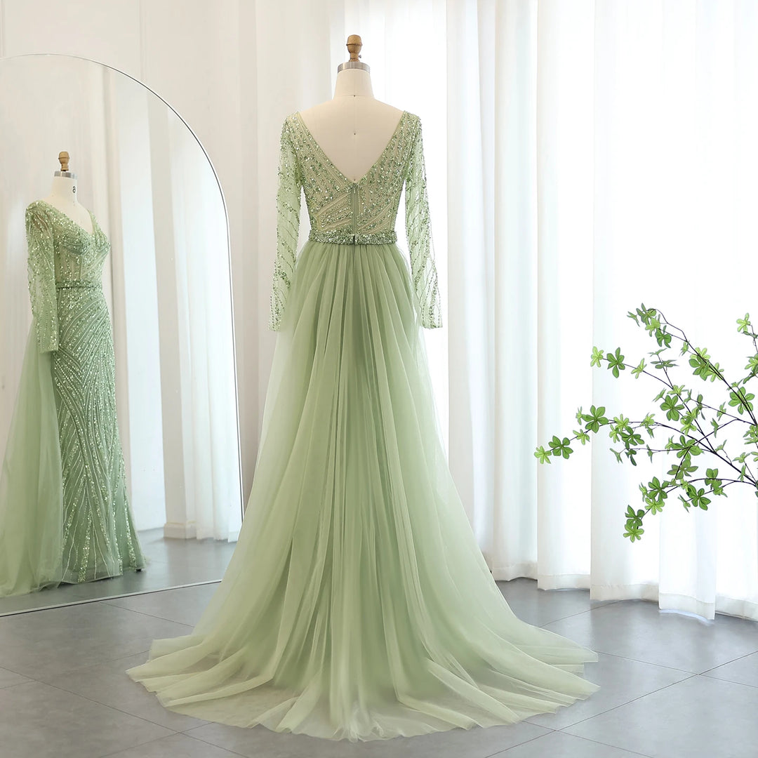 Dreamy Vow Luxury Dubai Blue Mermaid Muslim Evening Dresses with Detachable Skirt Sage Green Lilac Women Wedding Party SS432