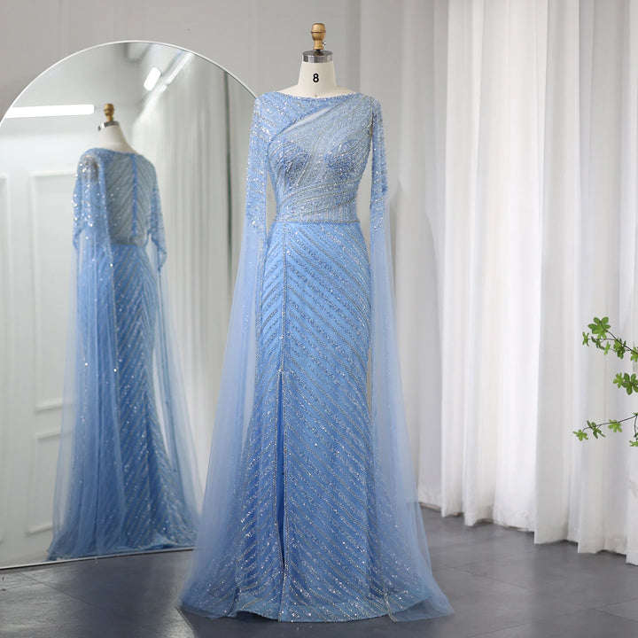 Dreamy Vow Arabic Mermaid Blue Dubai Evening Dress with Cape Sleeves Luxury Plus Size Women Wedding Formal Party Gowns SS087