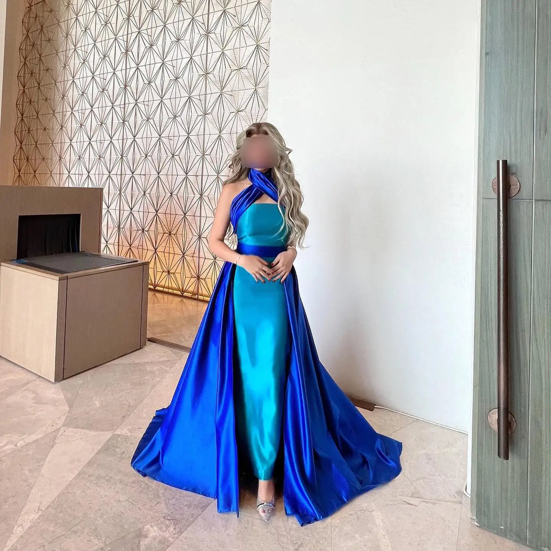 Dreamy Vow Arabic Royal Blue Contrast Turquoise Evening Dress with Overskirt Criss Cross Halter Women Wedding Party Dress SF012