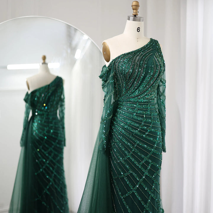 Dreamy Vow Emerald Green One Shoulder Mermaid Evening Dress with Overskirt Long Sleeves Luxury Dubai Wedding Party Gowns SS413