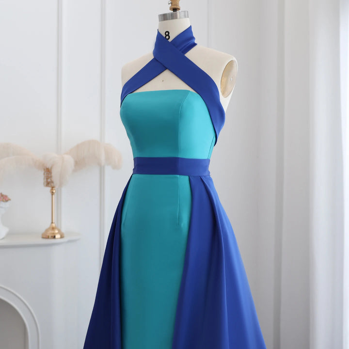 Dreamy Vow Arabic Royal Blue Contrast Turquoise Evening Dress with Overskirt Criss Cross Halter Women Wedding Party Dress SF012