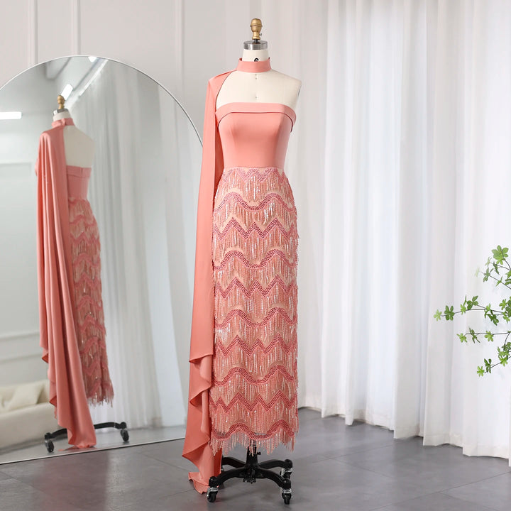 Dreamy Vow Arabic Coral Pink Tassel Evening Dress with Scarf 2024 Elegant Strapless Dubai Women Wedding Party Gowns SS460