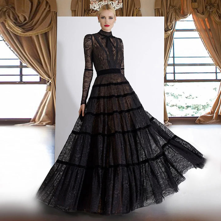 Dreamy Vow Elegant Black Lace A-line Evening Dress 2024 Dubai Luxury Tiered Long Sleeves Muslim Women Formal Party Gowns SF023