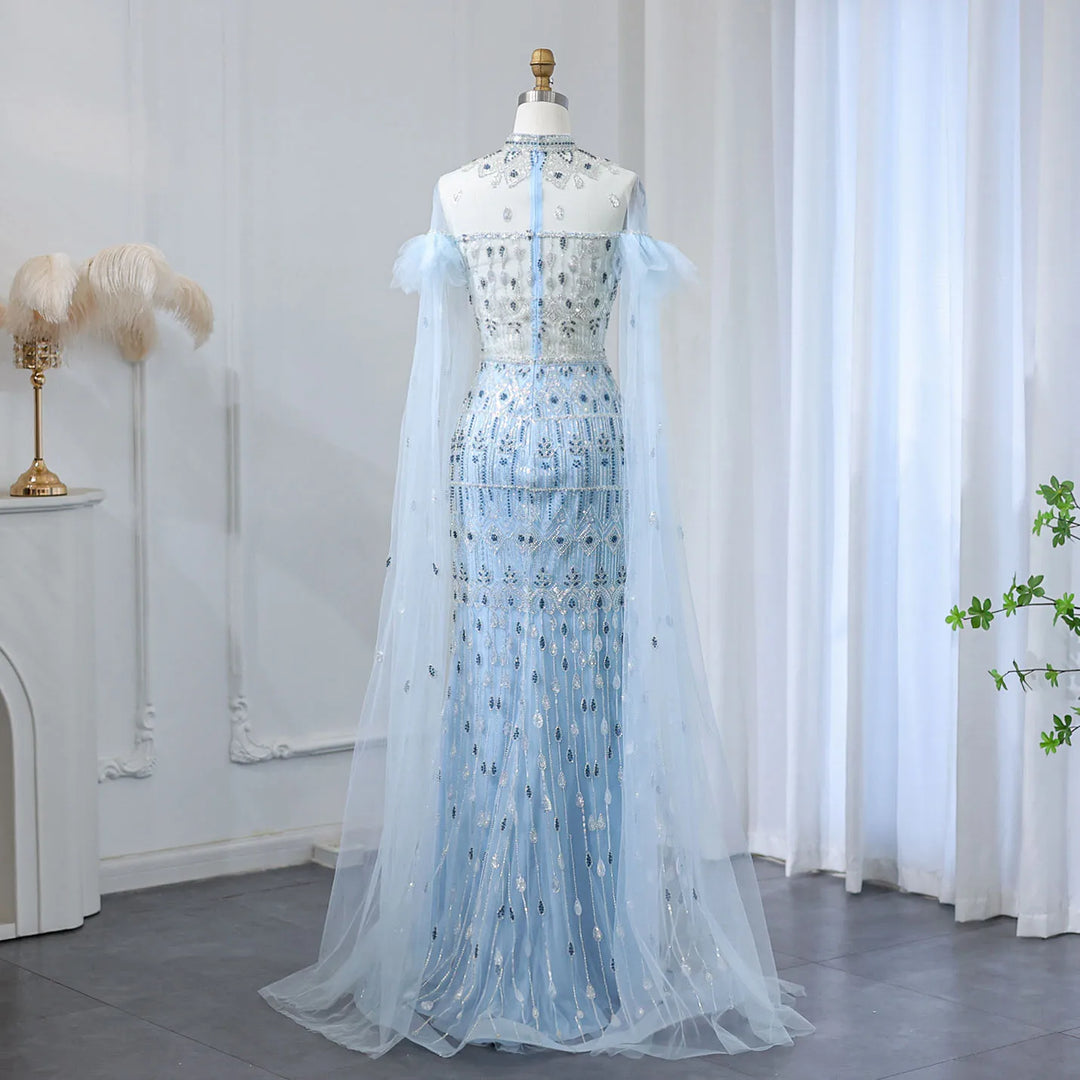 Dreamy Vow Luxury Arabic Light Blue Mermaid Evening Dress with Cape Sleeves Elegant High Neck Women Wedding Party Gowns SS096