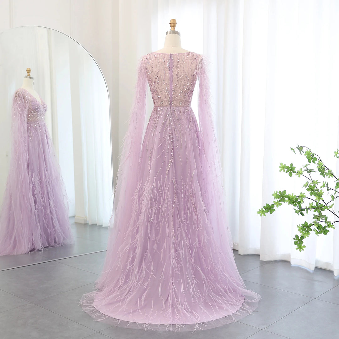 Dreamy Vow Luxury Feathers Nude A-line Evening Dresses with Cape Sleeves V-Neck Lilac Arabic Women Wedding Party Dress SS186