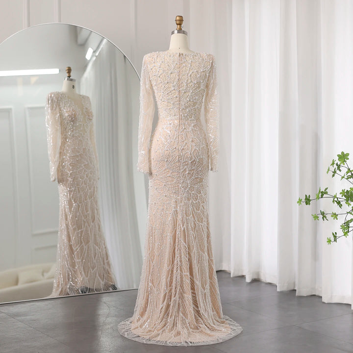 Dreamy Vow Luxury Beige Mermaid Dubai Evening Dress 2024 for Women Wedding Long Sleeves Arabic Bridal Prom Party Gowns 459