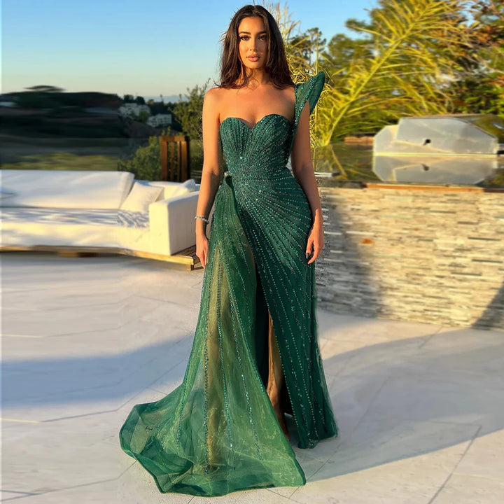 Dreamy Vow Emerald Green One Shoulder Mermaid Evening Dresses for Women Wedding Party High Slit Long Prom Formal Gowns SS201