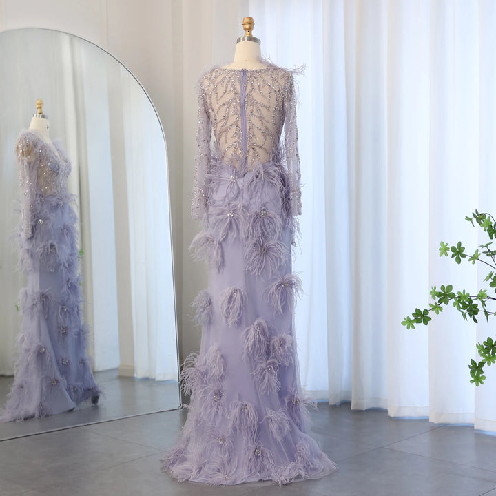 Dreamy Vow Luxury Feathers Lilac Mermaid Evening Dresses Long Sleeves Elegant V-Neck Arabic Woman Wedding Party Gowns SS183