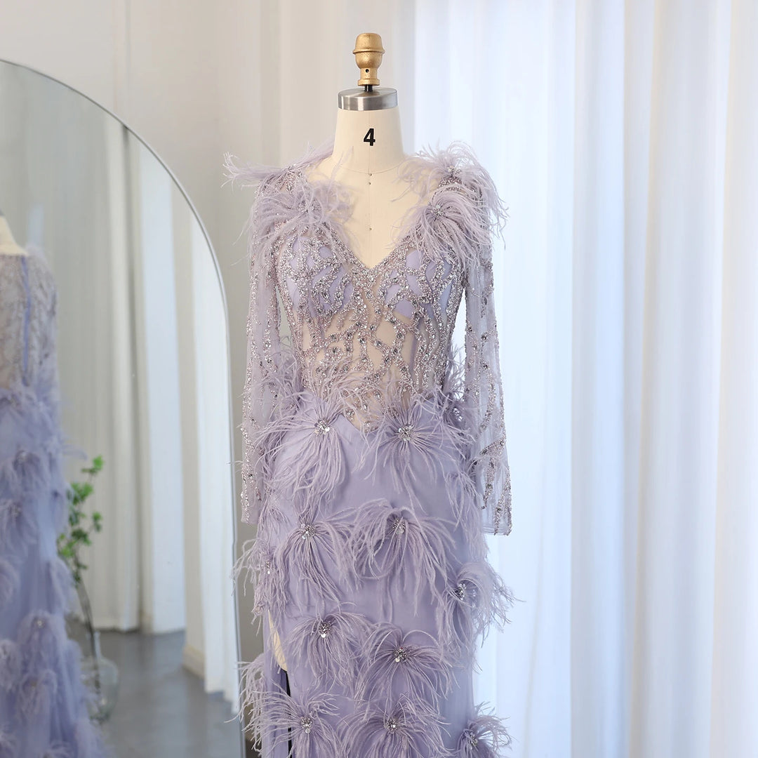 Dreamy Vow Luxury Feathers Lilac Mermaid Evening Dresses Long Sleeves Elegant V-Neck Arabic Woman Wedding Party Gowns SS183