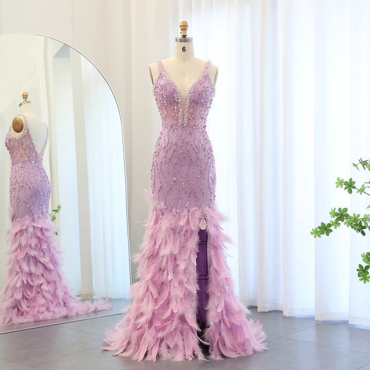Dreamy Vow Luxury Feathers Pink Mermaid Evening Dresses for Women Wedding V-Neck Blue Side Slit Long Prom Party Dress SS184