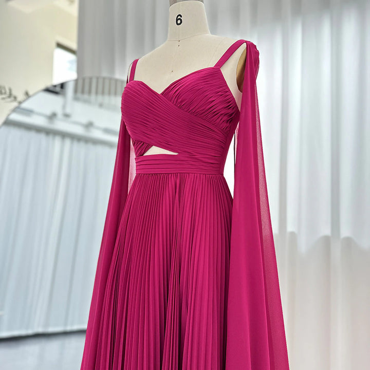 DreamyVow Fuchsia Chiffon Dubai Evening Dresses with Cape Sleeves Elegant Yellow Women Wedding Party Formal Gowns F 090