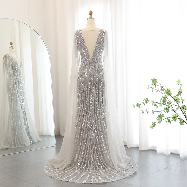 Dreamy Vow Luxury Mermaid Silver Gray Evening Dresses with Cape Sleeves Elegant Plus Size Women Wedding Guest Party Gowns SS159