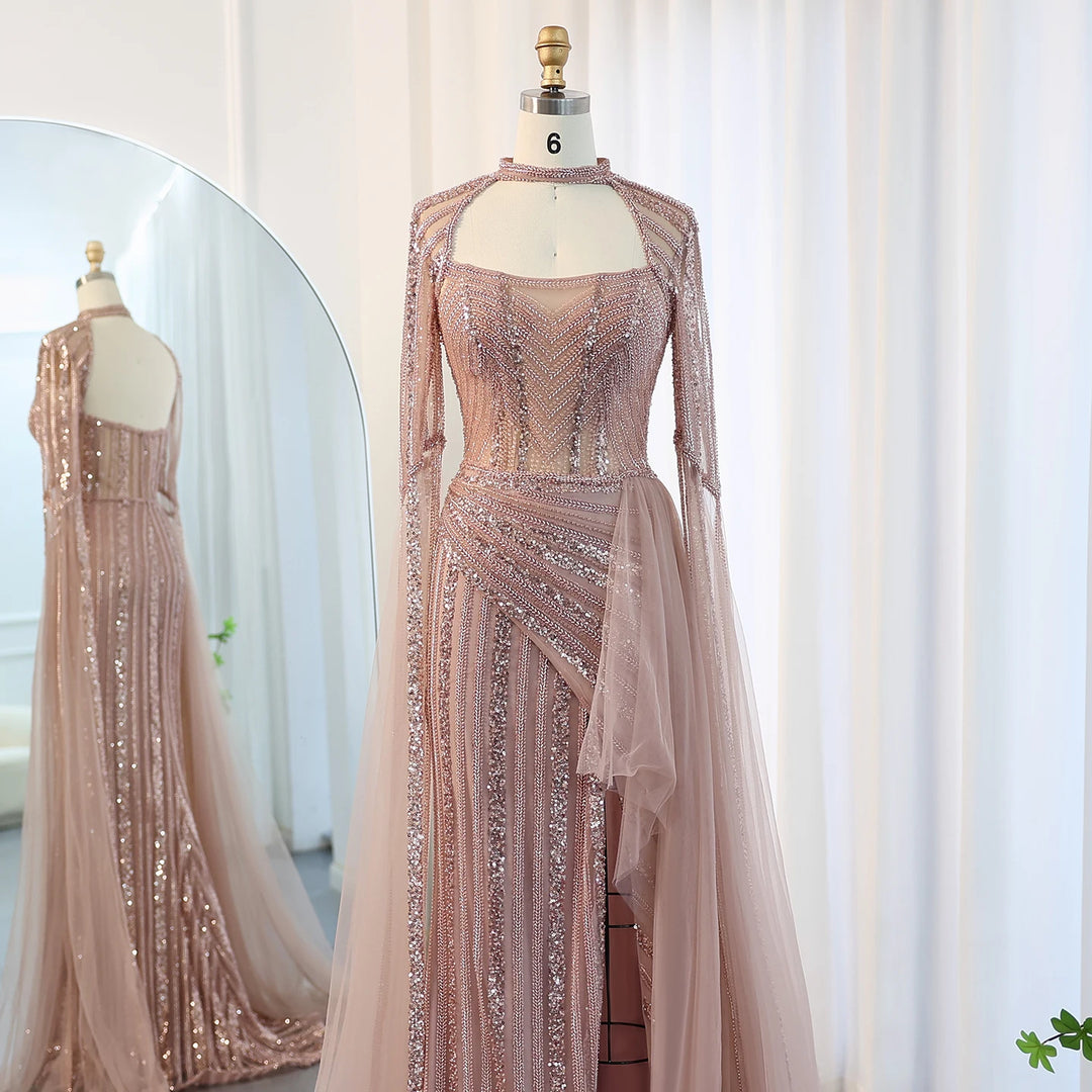 Dreamy Vow Luxury Mermaid Dusty Pink Evening Dress with Cape Sleeves Slit Elegant Yellow Blue Women Wedding Party Gowns SS003