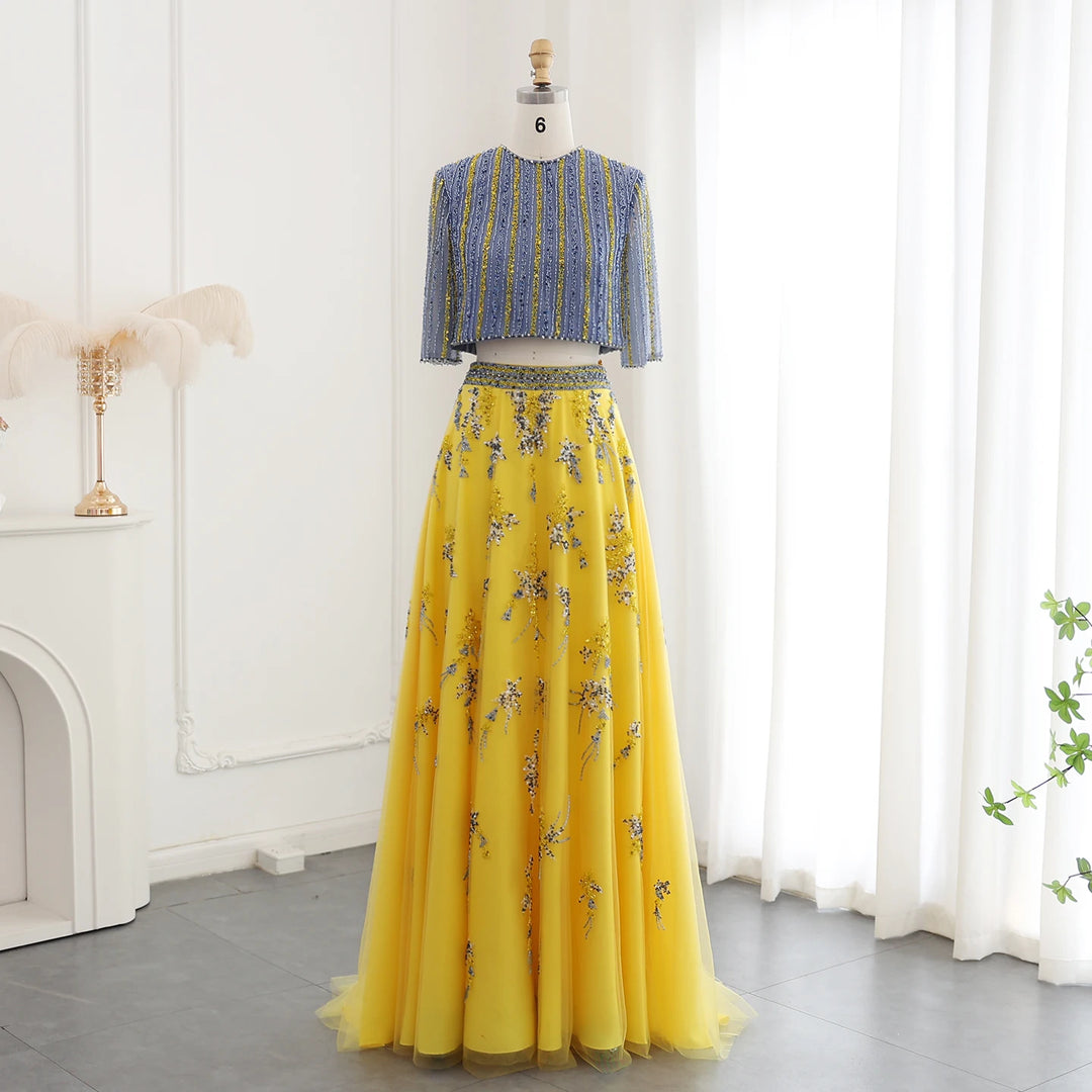 Dreamy Vow Luxury Dubai Blue Yellow 2 Pieces Evening Dresses for Women Wedding Party Elegant Long Arabic Formal Prom Gown SS490