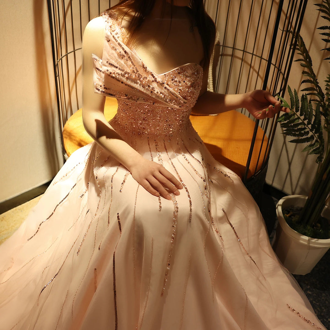 Dreamy Vow Elegant One Shoulder Blush Pink Evening Dress Luxury Beaded A-line Dubai Women Formal Party Gowns for Wedding SS417