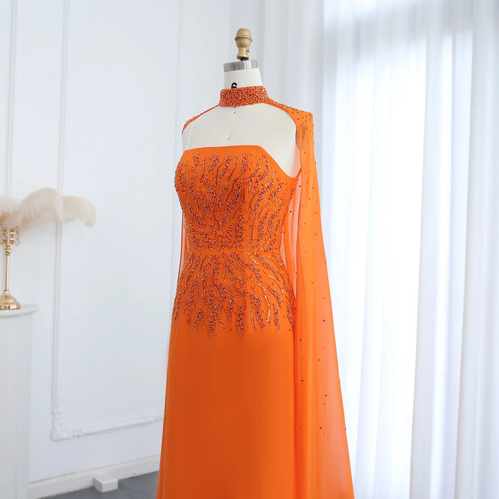 Dreamy Vow Arabic Orange Strapless Evening Dress with Cape Sleeve Women for Wedding Luxury Dubai Formal Party Gowns SS299