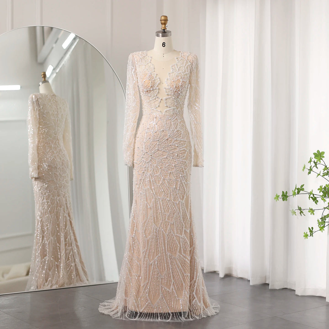 Dreamy Vow Luxury Beige Mermaid Dubai Evening Dress 2024 for Women Wedding Long Sleeves Arabic Bridal Prom Party Gowns 459