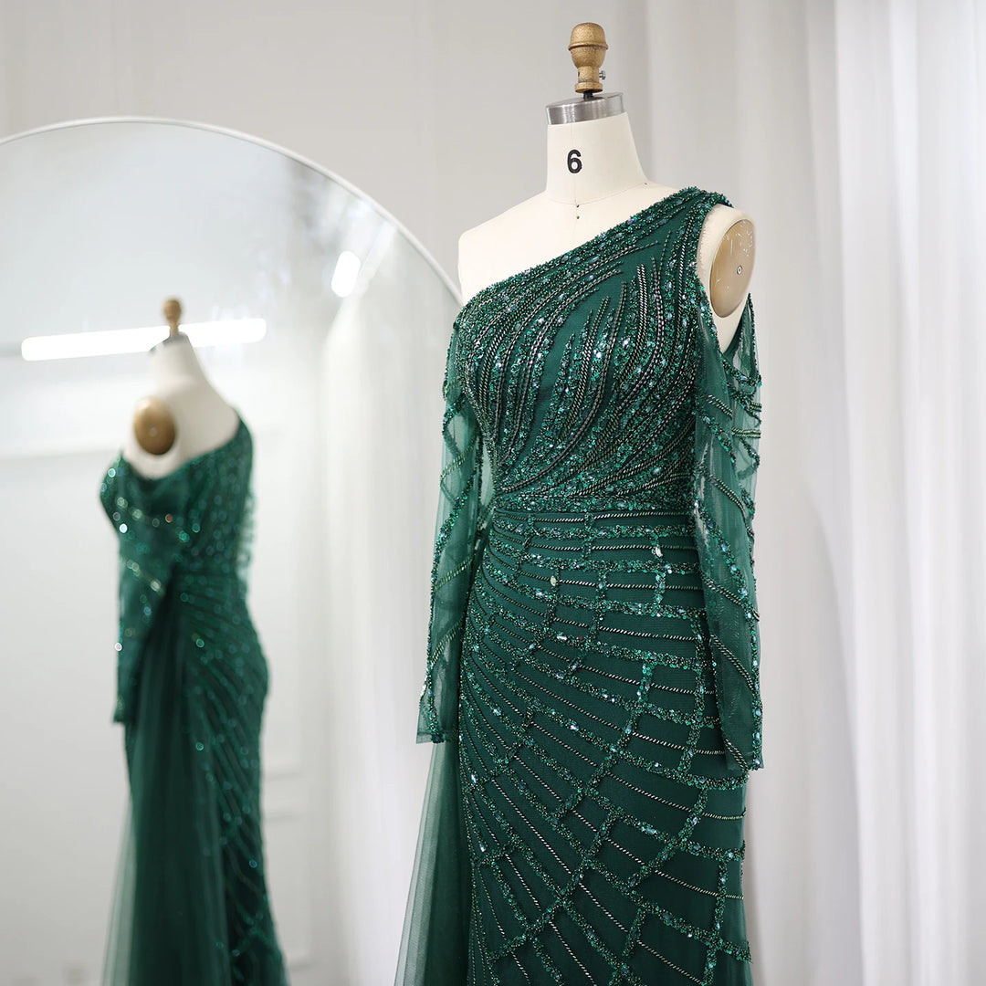 Dreamy Vow Emerald Green One Shoulder Mermaid Evening Dress with Overskirt Long Sleeves Luxury Dubai Wedding Party Gowns SS413