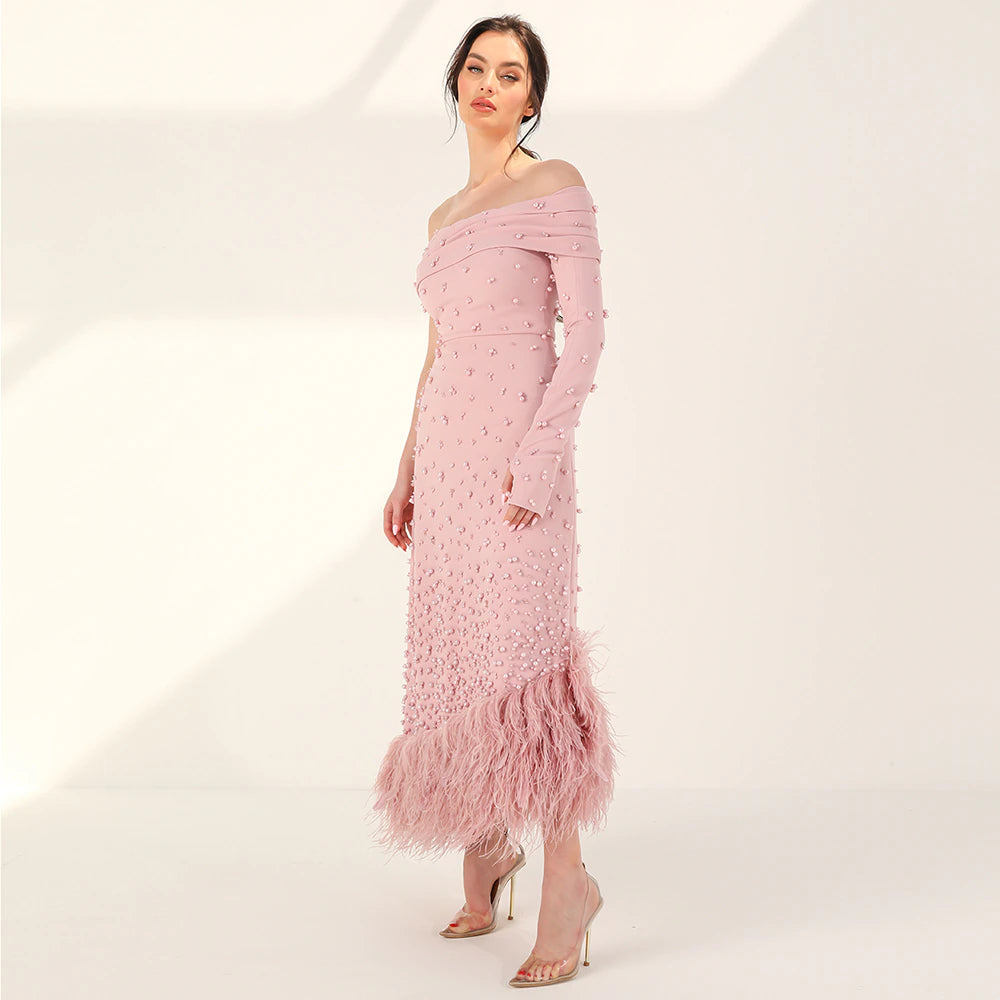 Dreamy VowLuxury Feathers Dubai Pink Mermaid Evening Dress for Women Wedding Sage Green One Shoulder Arabic Party Gowns 388