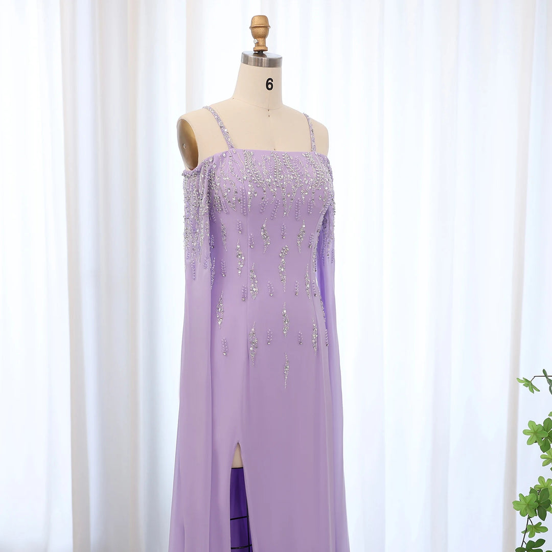 Dreamy Vow Arabic Lilac Mermaid Evening Dress with Cape Sleeves 2024 Luxury Dubai Beaded Women Wedding Formal Party Gowns SS448