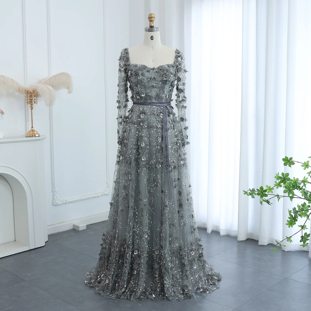 Dreamy Vow Luxury 3D Flower Gray Long Sleeves Evening Dresses for Women Wedding Party Elegant Arabic A-line Formal Gowns SS353