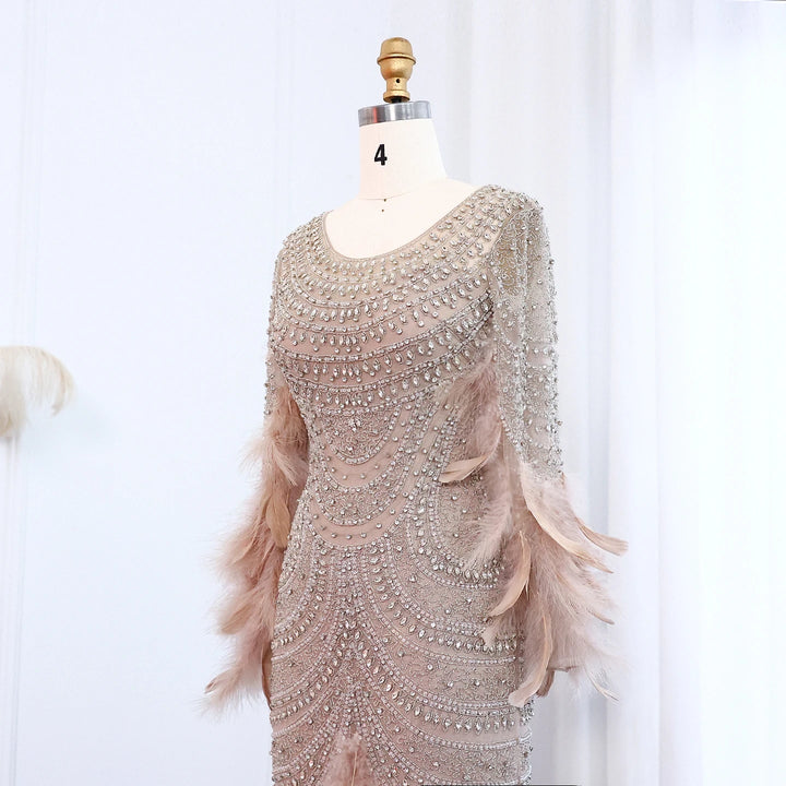 Luxury Feather Nude Long Sleeves Elegant Mermaid Evening Dress SS076