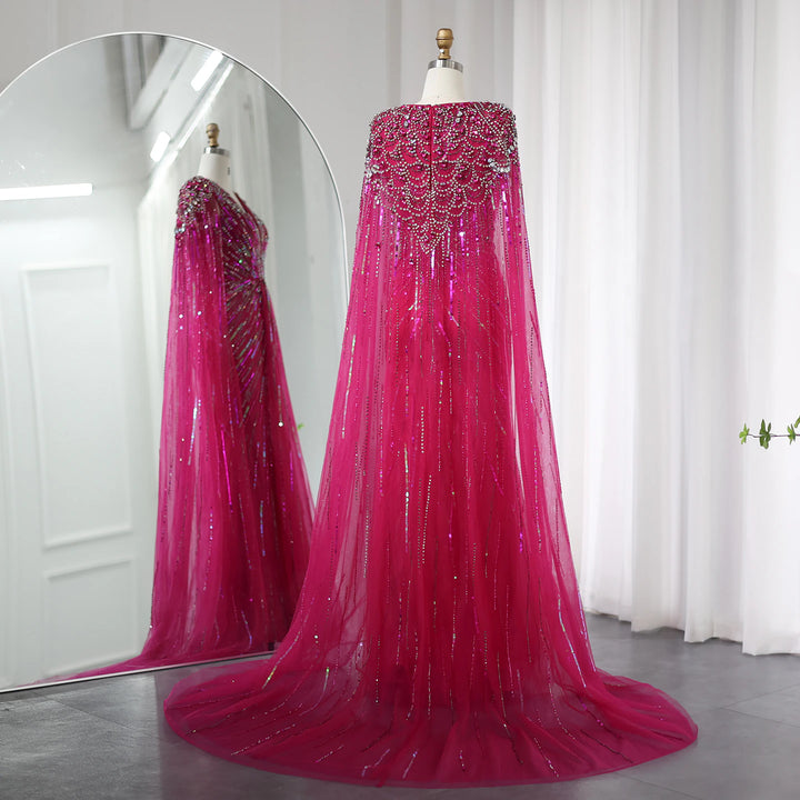 Dreamy Vow Luxury Dubai Sage Green Evening Dresses with Cape Fuchsia Crystal Gold Elegant Women Wedding Formal Party Gown 399