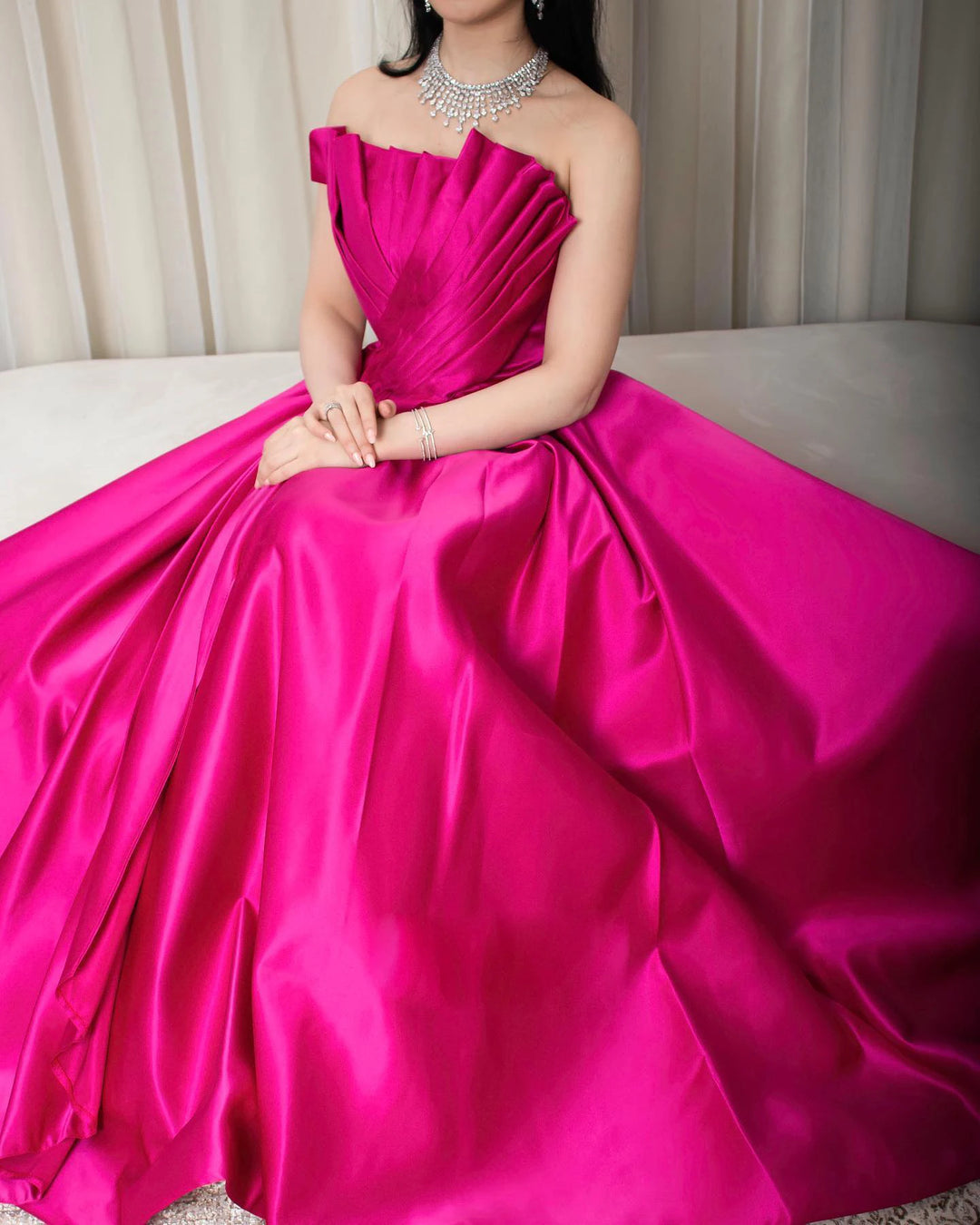 Dreamy Vow Saudi Arabia Fuchsia Satin Dubai Evening Dress for Women Wedding 2024 Elegant Scalloped Long Formal Party Gown SF011