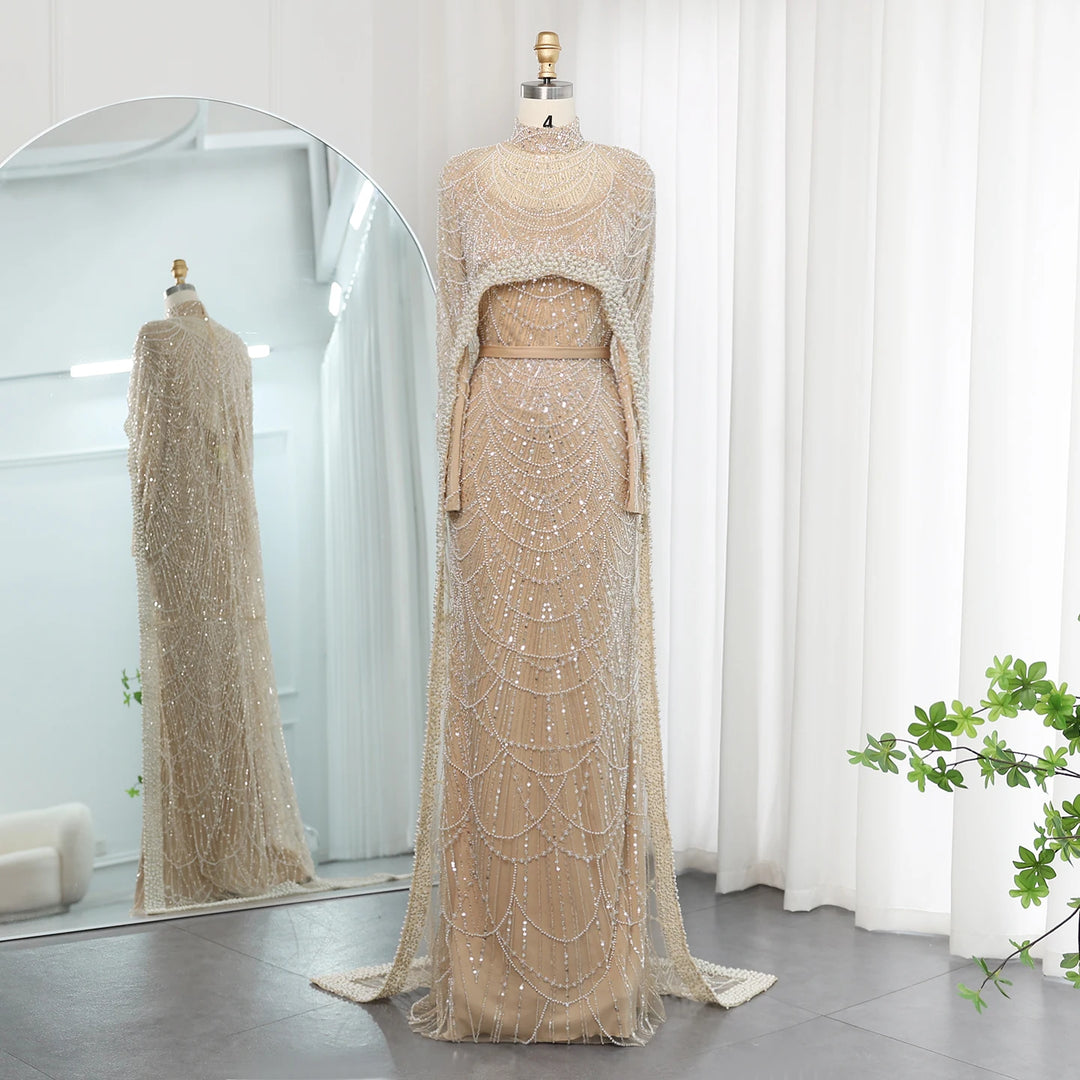 Dreamy Vow Luxury Pearls Dubai Champagne Evening Dresses with Cape 2023 New Arabic Women Mermaid Wedding Party Prom Dress SS369