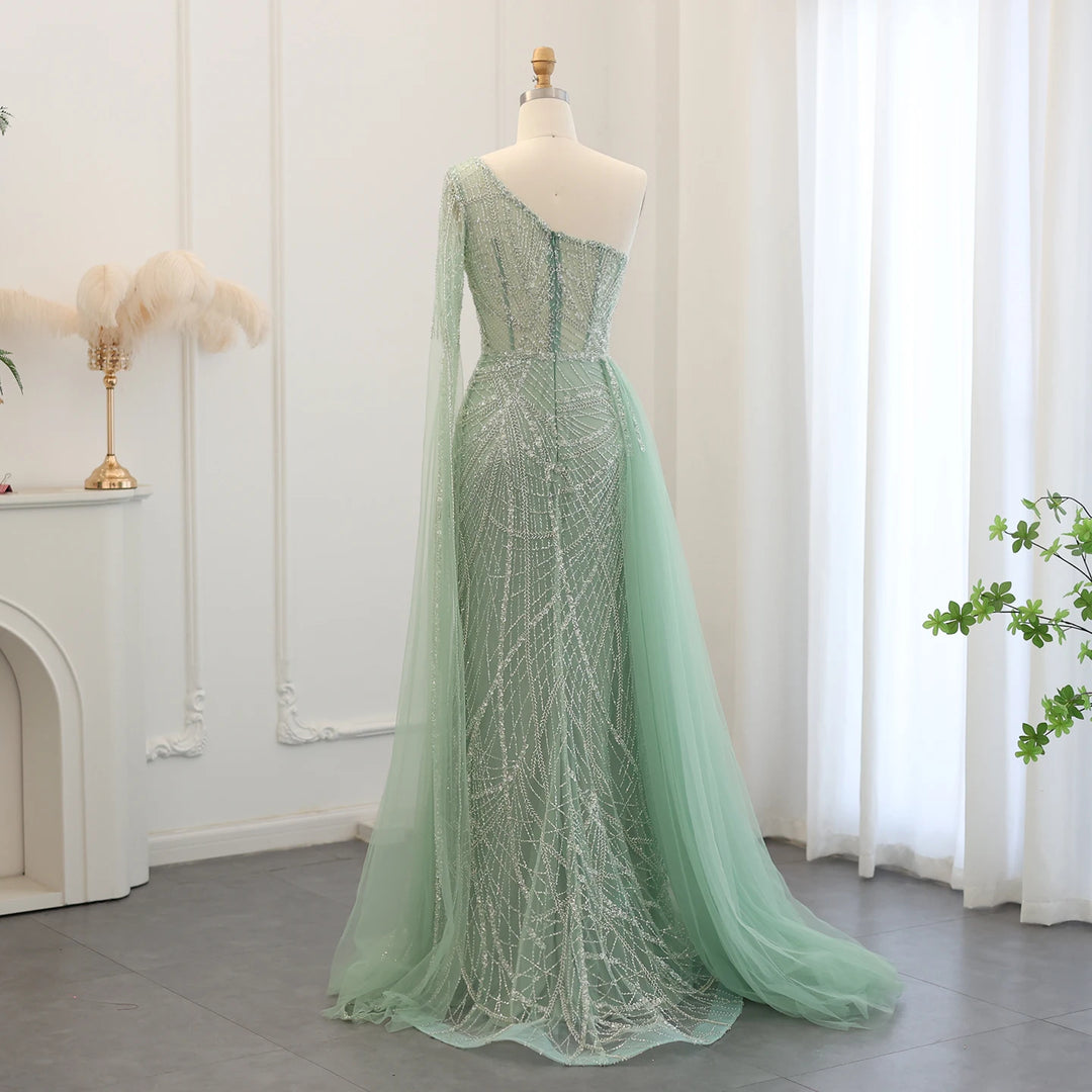 Dreamy Vow Luxury Mermaid One Shoulder Sage Green Evening Dress with Cape Sleeves Plus Size Women Blue Wedding Party Gown SS054
