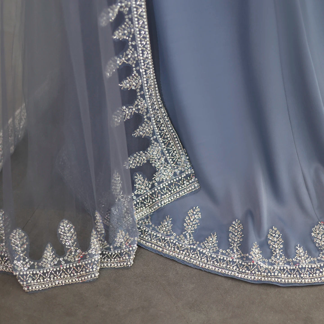 Dreamy Vow Luxury Crystal Blue Mermaid Dubai Evening Dresses with Cape Sleeves Elegant Arabic Women Wedding Party Gowns SS445