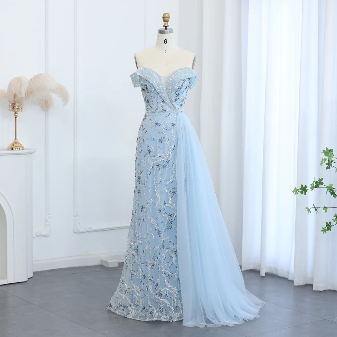 Dreamy Vow Elegant Off Shoulder Mermaid Lilac Evening Dress with Overskirt 2024 Plus Size Women Blue Wedding Party Gown SS055