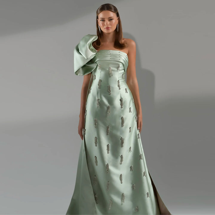 Dreamy Vow Arabic Sage Green One Shoulder Evening Dress with Cape Luxury Crystal Tassel Dubai Wedding Party Gowns SS368