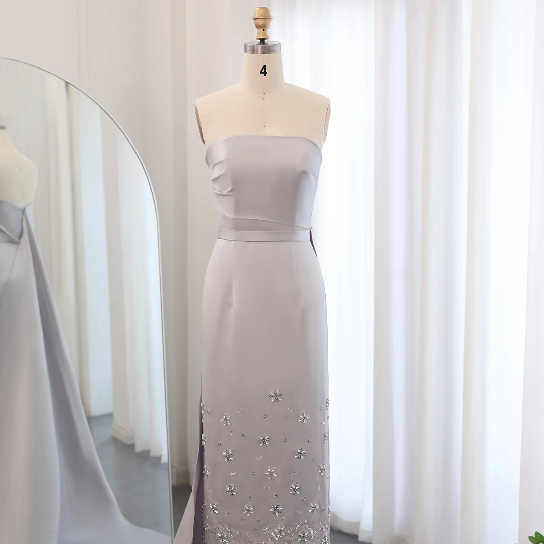 Dreamy Vow Luxury Crystal Dubai Gray Arab Evening Dress for Women Wedding Midi Formal Party Gowns with Train Ankle Length SS415